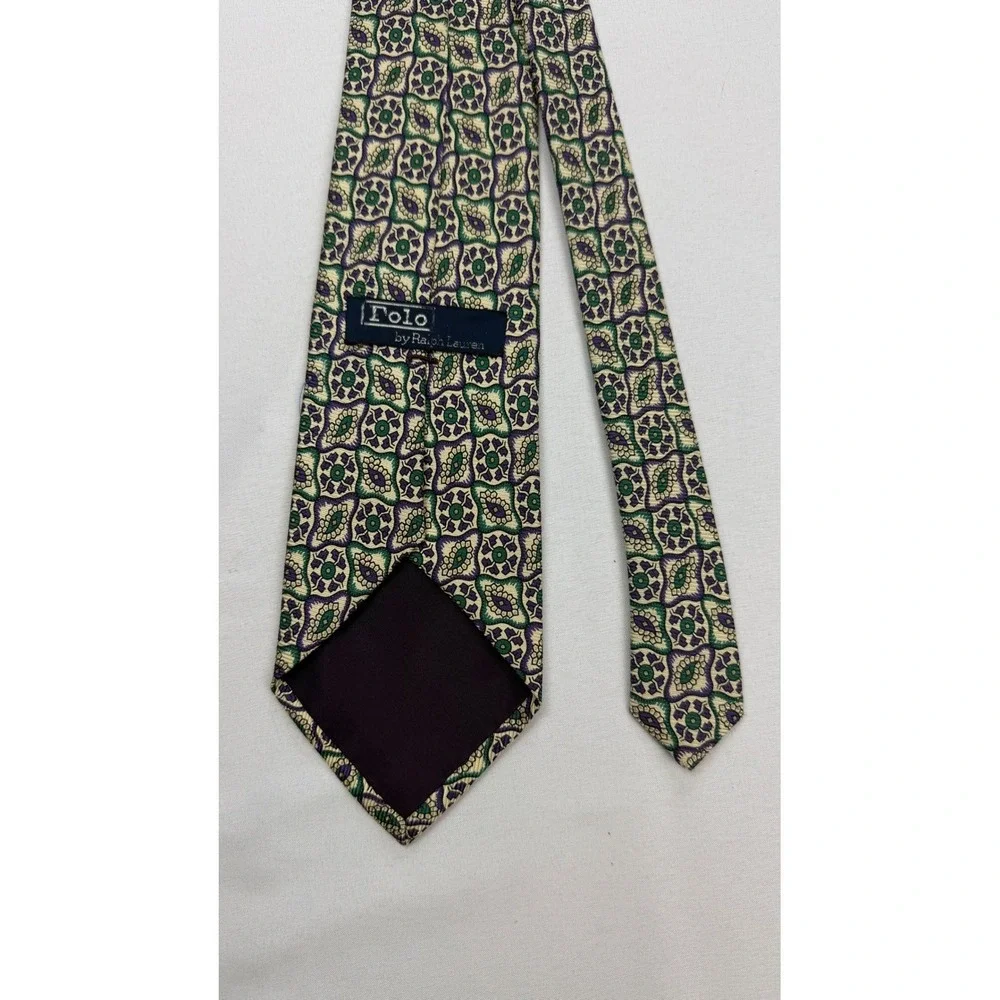 Polo‎ Ralph Lauren Necktie Mens 60x3.5 Green Purple Geometric Medallion Silk USA
